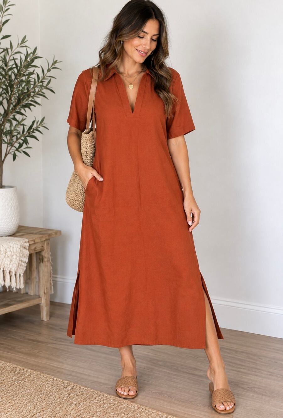 London Times Rust Boho Maxi Dress Size 12 Collared V Neck Coastal NWT
